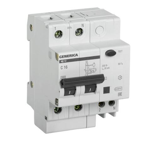 Выключатель автом. дифф. тока IEK АД12 Generica MAD15-2-016-C-030 16A тип C 4.5kA 30мА AC 2П 230В 4мод серый (упак.:1шт)