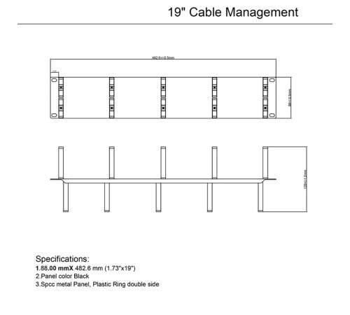 Кабельный организатор с пластиковыми кольцами Hyperline CM-2U-PL-DBL , двухсторонний, 19", 2U Кабельный организатор с пластиковыми кольцами Hyperline CM-2U-PL-DBL , двухсторонний, 19", 2U