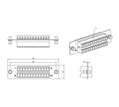Панель Hyperline FO-FPM-W120H32-24LC-BL  для FO-19BX с 24 LC адаптерами, 24 волокна, одномод OS1/OS2, 120x32 мм, адаптеры цвета синий (blue)