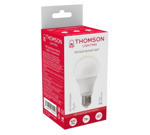 Лампа светодиодная Thomson TH-B2001 7Вт цок.:E27 груша 220B 3000K св.свеч.бел.теп. A (упак.:1шт) Лампа светодиодная Thomson TH-B2001 7Вт цок.:E27 груша 220B 3000K св.свеч.бел.теп. A (упак.:1шт)