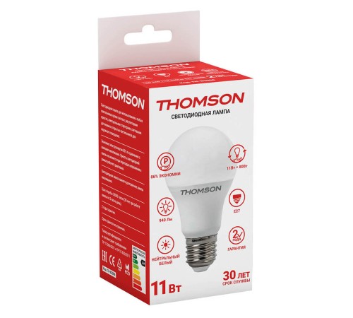 Лампа светодиодная Thomson TH-B2006 11Вт цок.:E27 груша 220B 4000K св.свеч.бел.нейт. A (упак.:1шт) Лампа светодиодная Thomson TH-B2006 11Вт цок.:E27 груша 220B 4000K св.свеч.бел.нейт. A (упак.:1шт)
