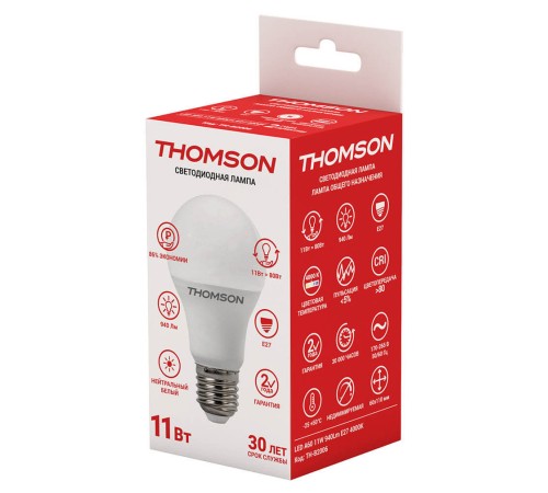 Лампа светодиодная Thomson TH-B2006 11Вт цок.:E27 груша 220B 4000K св.свеч.бел.нейт. A (упак.:1шт) Лампа светодиодная Thomson TH-B2006 11Вт цок.:E27 груша 220B 4000K св.свеч.бел.нейт. A (упак.:1шт)