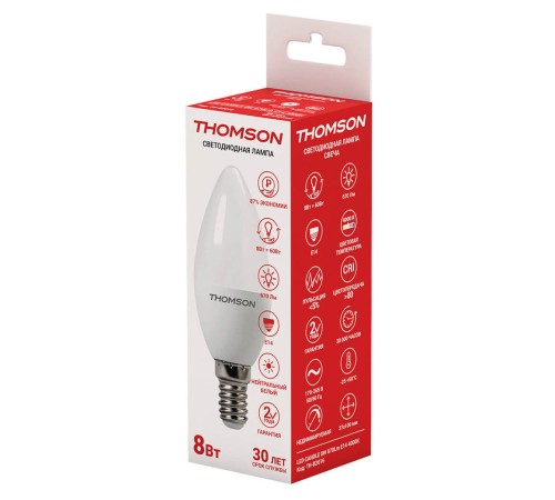 Лампа светодиодная Thomson Candle TH-B2016 8Вт цок.:E14 свеча 220B 4000K св.свеч.бел.нейт. C (упак.:1шт) Лампа светодиодная Thomson Candle TH-B2016 8Вт цок.:E14 свеча 220B 4000K св.свеч.бел.нейт. C (упак.:1шт)