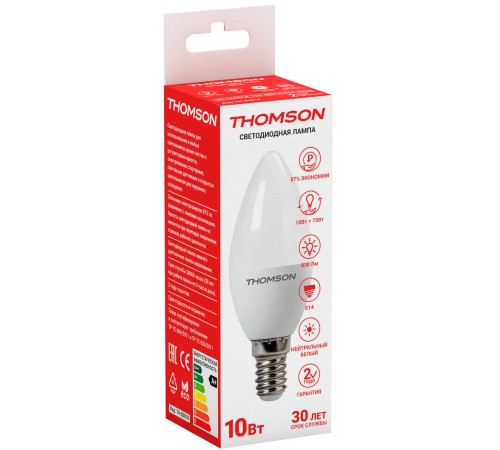 Лампа светодиодная Thomson TH-B2018 10Вт цок.:E14 свеча 220B 4000K св.свеч.бел.нейт. Candle (упак.:1шт) Лампа светодиодная Thomson TH-B2018 10Вт цок.:E14 свеча 220B 4000K св.свеч.бел.нейт. Candle (упак.:1шт)
