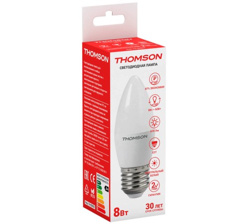 Лампа светодиодная Thomson TH-B2022 8Вт цок.:E27 свеча 220B 4000K св.свеч.бел.нейт. Candle Лампа светодиодная Thomson TH-B2022 8Вт цок.:E27 свеча 220B 4000K св.свеч.бел.нейт. Candle