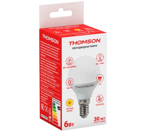 Лампа светодиодная Thomson TH-B2031 6Вт цок.:E14 шар 220B 3000K св.свеч.бел.теп. Globe Лампа светодиодная Thomson TH-B2031 6Вт цок.:E14 шар 220B 3000K св.свеч.бел.теп. Globe