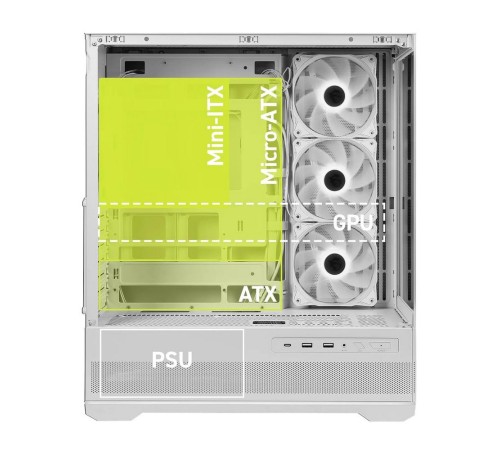 Корпус для ПК MSI MAG PANO 110R PZ WHITE, Global, 2xUSB 3.2 Gen 1, 1xUSB 3.2 Gen2 Type-C,
3x120mm ARGB Reverse Blade F