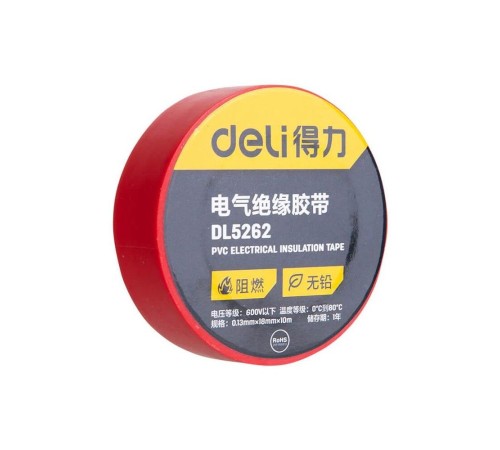Изолента Deli DL5262 красная, 0,13мм х 18мм х 9,15м, напряжение до 600В, температурный диапазон 0-80 грд., ПВХ