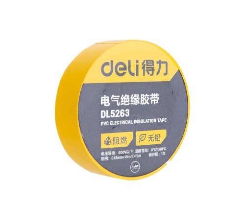 Изолента Deli DL5263 желтая, 0,13мм х 18мм х 9,15м, напряжение до 600В, температурный диапазон 0-80 грд., ПВХ