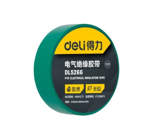Изолента Deli DL5266 зеленая, 0,13мм х 18мм х 9,15м, напряжение до 600В, температурный диапазон 0-80 грд., ПВХ