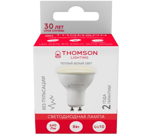 Лампа светодиодная Thomson TH-B2053 8Вт цок.:GU10 полусф. 220B 3000K св.свеч.бел.теп. MR16 (упак.:1шт) Лампа светодиодная Thomson TH-B2053 8Вт цок.:GU10 полусф. 220B 3000K св.свеч.бел.теп. MR16 (упак.:1шт)