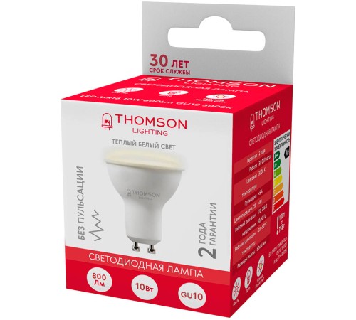 Лампа светодиодная Thomson TH-B2055 10Вт цок.:GU10 полусф. 220B 3000K св.свеч.бел.теп. MR16 (упак.:1шт)