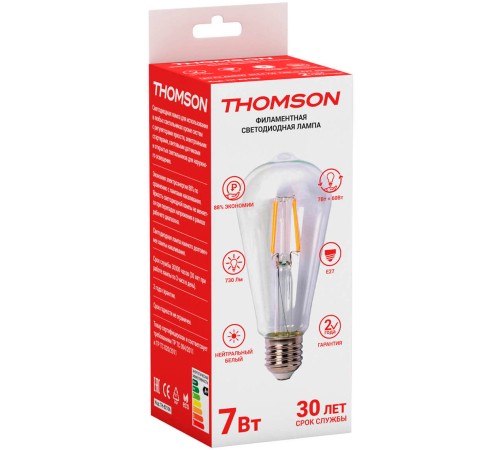 Лампа филам. Thomson Filament TH-B2106 7Вт цок.:E27 груша 220B 4500K св.свеч.бел.нейт. ST64 (упак.:1шт) Лампа филам. Thomson Filament TH-B2106 7Вт цок.:E27 груша 220B 4500K св.свеч.бел.нейт. ST64 (упак.:1шт)