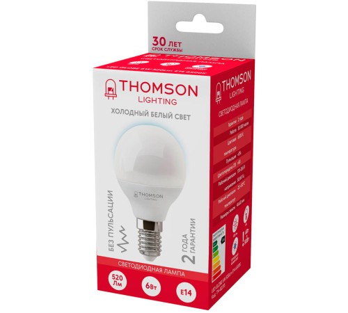 Лампа светодиодная Thomson TH-B2315 6Вт цок.:E14 шар 220B 6500K св.свеч.бел.хол. Globe (упак.:1шт) Лампа светодиодная Thomson TH-B2315 6Вт цок.:E14 шар 220B 6500K св.свеч.бел.хол. Globe (упак.:1шт)