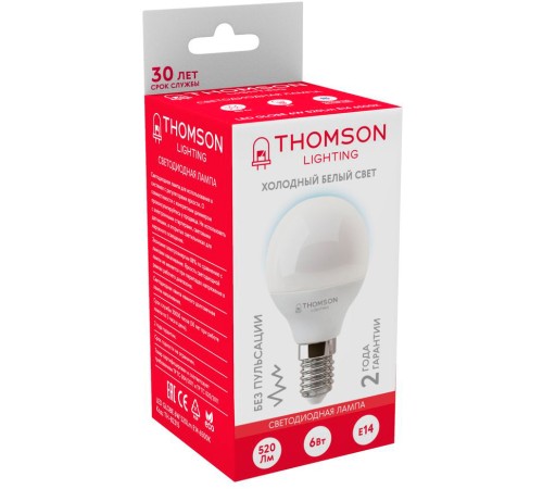 Лампа светодиодная Thomson TH-B2315 6Вт цок.:E14 шар 220B 6500K св.свеч.бел.хол. Globe (упак.:1шт) Лампа светодиодная Thomson TH-B2315 6Вт цок.:E14 шар 220B 6500K св.свеч.бел.хол. Globe (упак.:1шт)