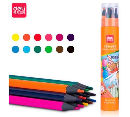 Карандаши цв. Deli 7073-12 пластик 12цв. туба пл. ластик