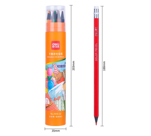 Карандаши цв. Deli 7073-12 пластик 12цв. туба пл. ластик