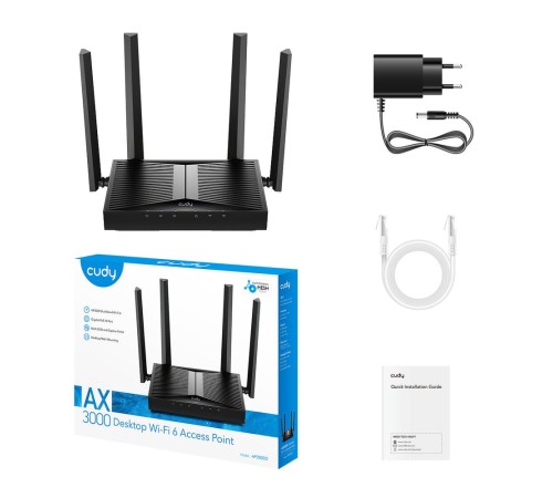 Точка доступа Wi-Fi CUDY AX3000 Wi-Fi 6 Desktop Access Point AX3000 Dual Band Desktop Wi-Fi 6 Access Point, Chipset MT7981, 802.11ax/ac/a/b/g/n, 2402Mbps at 5GHz + 574Mbps at 2.4GHz, 1 x Gigabit RJ45 Port, MU-MIMO, Support 12V DC or  802.3at PoE or Passiv