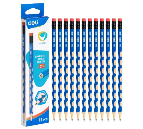 Карандаш ч/г Deli EC016-2B U-Touch 2B трехгран. (12шт) ластик