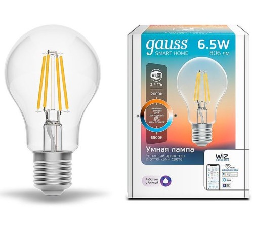 Умная лампа Gauss IoT Smart Home E27 6.5Вт 806lm Wi-Fi (упак.:1шт) (1220112) Умная лампа Gauss IoT Smart Home E27 6.5Вт 806lm Wi-Fi (упак.:1шт) (1220112)
