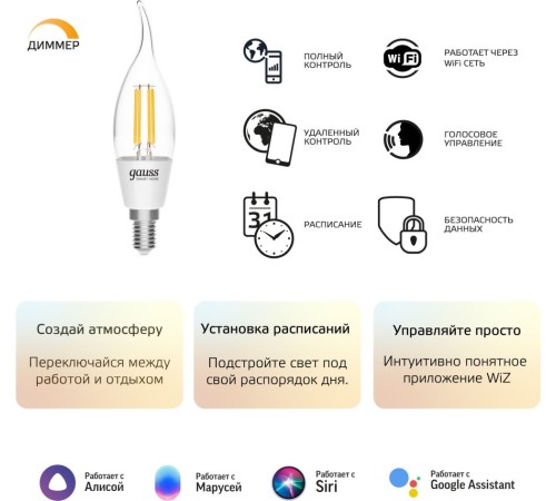 Умная лампа Gauss IoT Smart Home E14 4.5Вт 495lm Wi-Fi (упак.:1шт) (1260112)