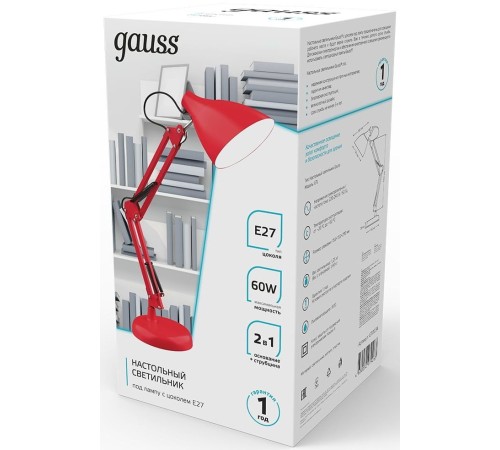 Светильник Gauss GT0034 настольный на струбцине/основание E27 красный 60Вт Светильник Gauss GT0034 настольный на струбцине/основание E27 красный 60Вт