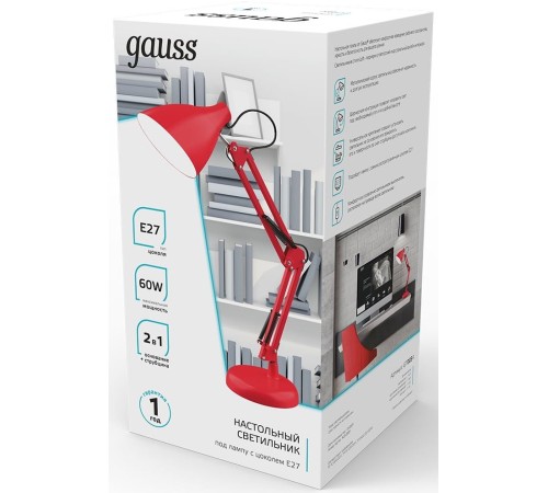 Светильник Gauss GT0034 настольный на струбцине/основание E27 красный 60Вт Светильник Gauss GT0034 настольный на струбцине/основание E27 красный 60Вт