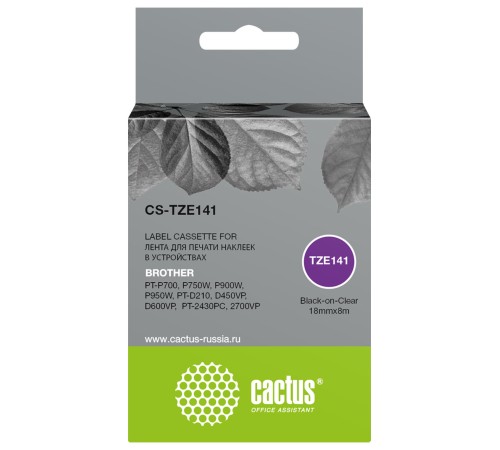 Картридж ленточный Cactus CS-TZE141 TZe-141 черный для Brother PT-P700, P750W, P900W, P950W, PT-D210, D450VP, D600VP, PT-2430PC, 2700VP