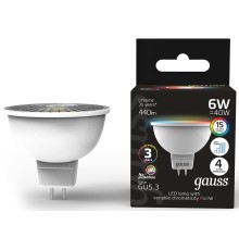 Лампа светодиодная Gauss 101105406 6Вт цок.:GU5.3 софит 175B св.свеч.RGB MR16 (упак.:1шт)