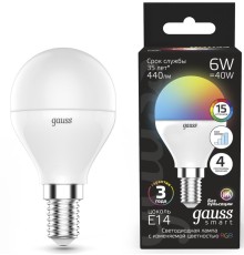 Лампа светодиодная Gauss 105101406 6Вт цок.:E14 шар 220B св.свеч.RGB (упак.:1шт)