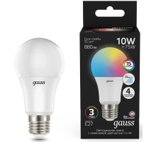 Лампа светодиодная Gauss 102102410 10Вт цок.:E27 груша 220B св.свеч.RGB A60 (упак.:1шт)