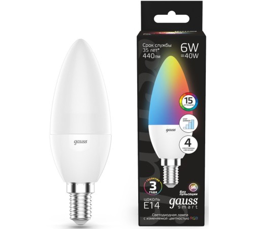 Лампа светодиодная Gauss 103101406 6Вт цок.:E14 свеча 220B св.свеч.RGB (упак.:1шт)