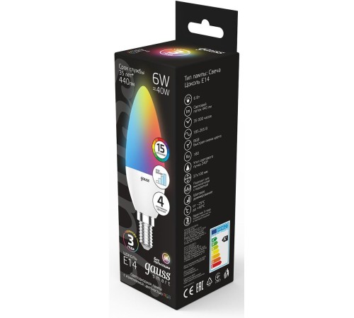 Лампа светодиодная Gauss 103101406 6Вт цок.:E14 свеча 220B св.свеч.RGB (упак.:1шт)