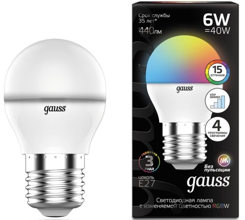 Лампа светодиодная Gauss 105102406 6Вт цок.:G45 шар 175B св.свеч.RGB (упак.:1шт)