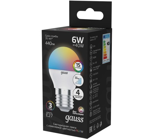Лампа светодиодная Gauss 105102406 6Вт цок.:G45 шар 175B св.свеч.RGB (упак.:1шт)