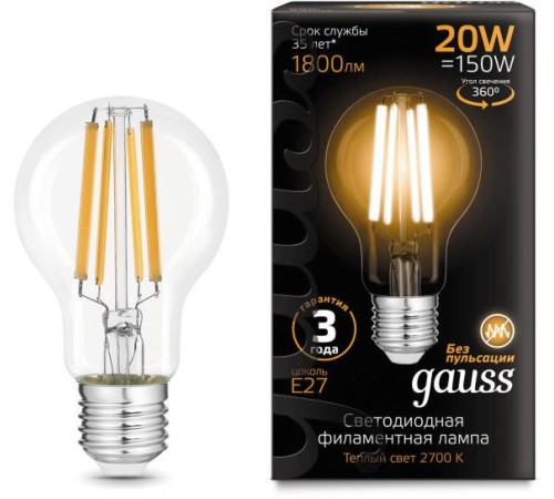 Лампа светодиодная Gauss Filament 102902120 20Вт цок.:E27 груша 220B 2700K св.свеч.бел.теп. (упак.:1шт)