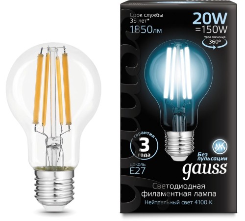 Лампа светодиодная Gauss Filament 102902220 20Вт цок.:E27 груша 220B 4100K св.свеч.бел.нейт. (упак.:1шт)