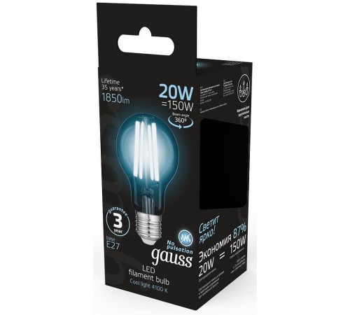 Лампа светодиодная Gauss Filament 102902220 20Вт цок.:E27 груша 220B 4100K св.свеч.бел.нейт. (упак.:1шт)
