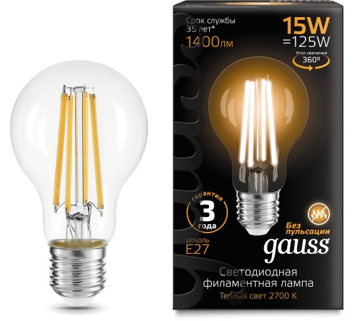 Лампа светодиодная Gauss Filament 102902115 15Вт цок.:E27 груша 220B 2700K св.свеч.бел.теп. (упак.:1шт) Лампа светодиодная Gauss Filament 102902115 15Вт цок.:E27 груша 220B 2700K св.свеч.бел.теп. (упак.:1шт)