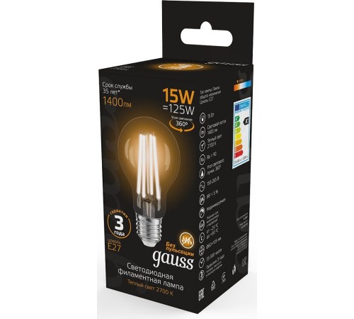 Лампа светодиодная Gauss Filament 102902115 15Вт цок.:E27 груша 220B 2700K св.свеч.бел.теп. (упак.:1шт) Лампа светодиодная Gauss Filament 102902115 15Вт цок.:E27 груша 220B 2700K св.свеч.бел.теп. (упак.:1шт)