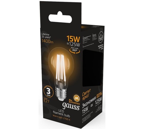 Лампа светодиодная Gauss Filament 102902115 15Вт цок.:E27 груша 220B 2700K св.свеч.бел.теп. (упак.:1шт) Лампа светодиодная Gauss Filament 102902115 15Вт цок.:E27 груша 220B 2700K св.свеч.бел.теп. (упак.:1шт)