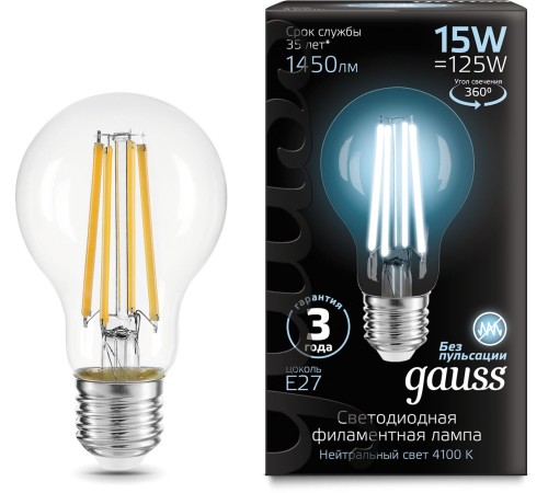 Лампа светодиодная Gauss Filament 102902215 15Вт цок.:E27 груша 220B 4100K св.свеч.бел.нейт. (упак.:1шт)