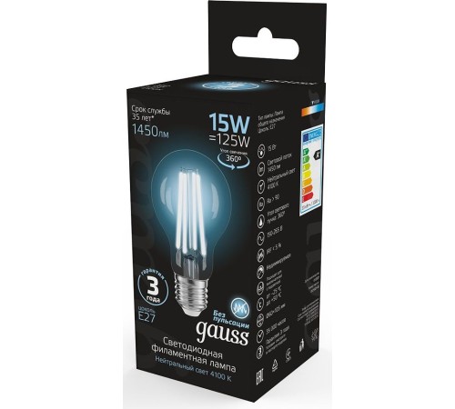 Лампа светодиодная Gauss Filament 102902215 15Вт цок.:E27 груша 220B 4100K св.свеч.бел.нейт. (упак.:1шт)