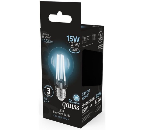 Лампа светодиодная Gauss Filament 102902215 15Вт цок.:E27 груша 220B 4100K св.свеч.бел.нейт. (упак.:1шт)