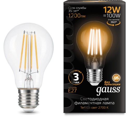 Лампа светодиодная Gauss Filament 102902112 12Вт цок.:E27 груша 185B 2700K св.свеч.бел.теп. грушевидная (упак.:1шт) Лампа светодиодная Gauss Filament 102902112 12Вт цок.:E27 груша 185B 2700K св.свеч.бел.теп. грушевидная (упак.:1шт)