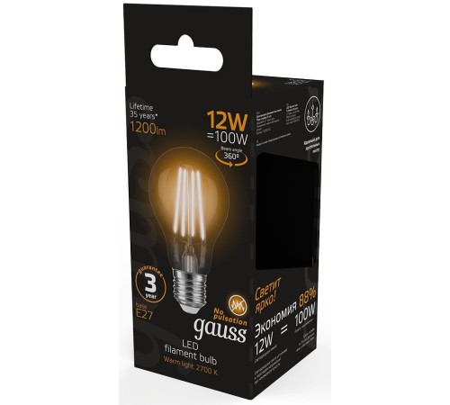 Лампа светодиодная Gauss Filament 102902112 12Вт цок.:E27 груша 185B 2700K св.свеч.бел.теп. грушевидная (упак.:1шт) Лампа светодиодная Gauss Filament 102902112 12Вт цок.:E27 груша 185B 2700K св.свеч.бел.теп. грушевидная (упак.:1шт)