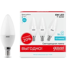 Лампа светодиодная Gauss Elementary 33126T 6Вт цок.:E14 свеча 180B 4100K св.свеч.бел.нейт. (упак.:3шт)