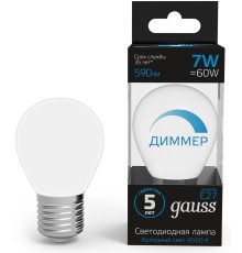 Лампа светодиодная Gauss 105102307-D 7Вт цок.:E27 шар 150B 6500K св.свеч.бел.хол. (упак.:1шт)