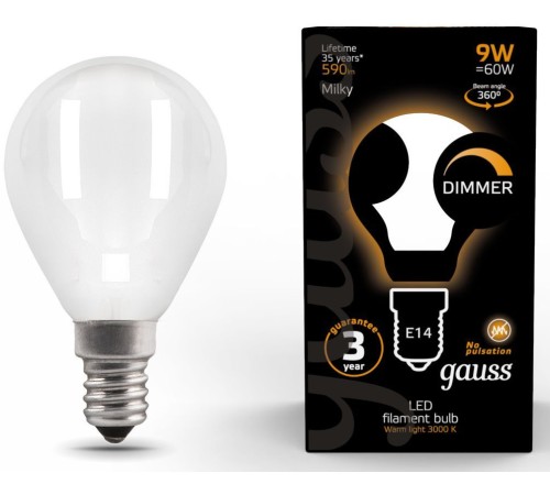 Лампа светодиодная Gauss Filament 105201109-D 9Вт цок.:E14 шар 220B 3000K св.свеч.бел.теп. (упак.:10шт) Лампа светодиодная Gauss Filament 105201109-D 9Вт цок.:E14 шар 220B 3000K св.свеч.бел.теп. (упак.:10шт)