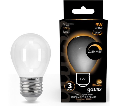 Лампа светодиодная Gauss Filament 105202109-D 9Вт цок.:E27 шар 220B 3000K св.свеч.бел.теп. (упак.:10шт) Лампа светодиодная Gauss Filament 105202109-D 9Вт цок.:E27 шар 220B 3000K св.свеч.бел.теп. (упак.:10шт)